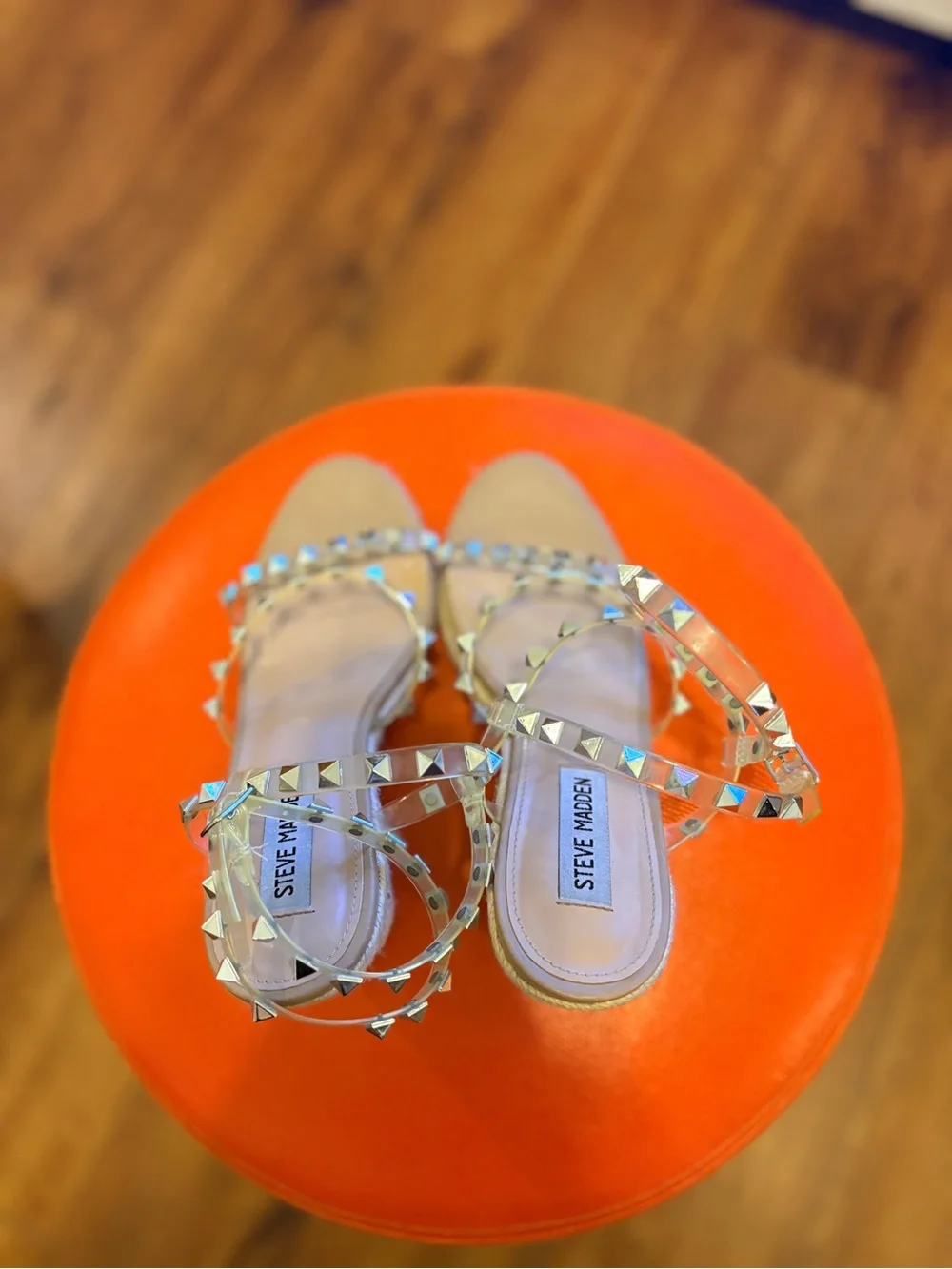 Steve Madden Clear Studded Espadrille Wedges with Metallic Accents